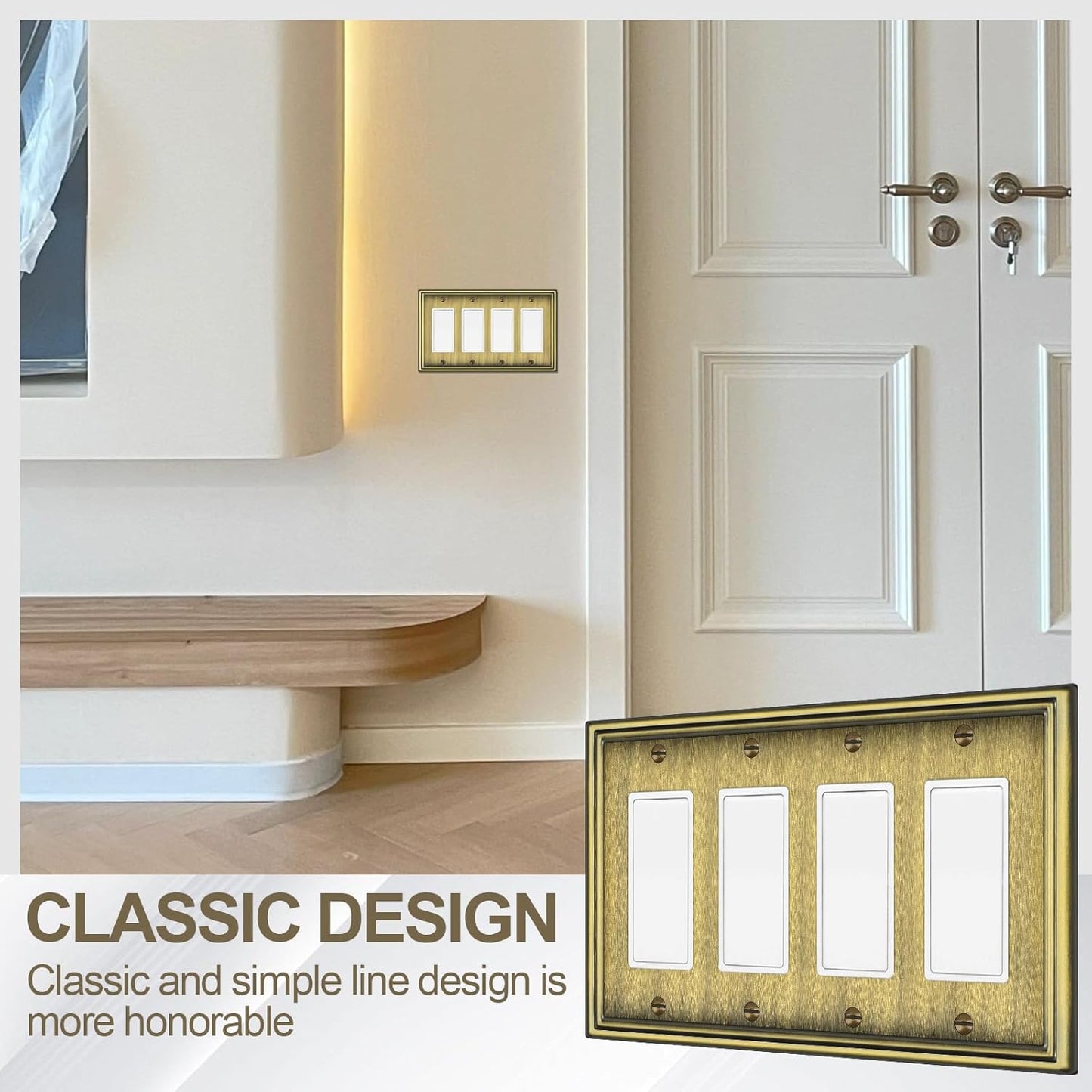 2 Pack Quad Decorator Switch Covers Wall Plate, Antique Brass Metal Material Rocker Switch Plates, 4 Gang Wall Plate for Receptacle, GFCI Outlet, Dimmer Switch - Classic Style