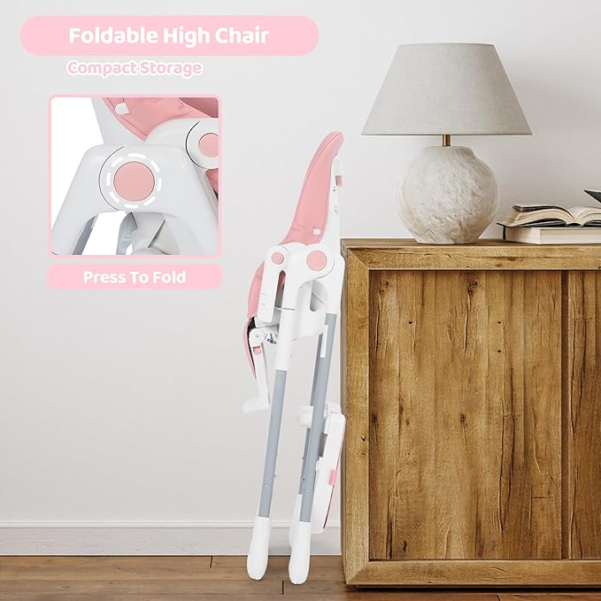 3 in 1 Foldable Baby High Chair, Infant High Chairs for Babies and Toddlers, 6 Height & 5 Recline Adjustable Toddler Feeding Chair, 2 Tray Depth & 3 Footrest Angles, 2 Built-in Wheels, Pink