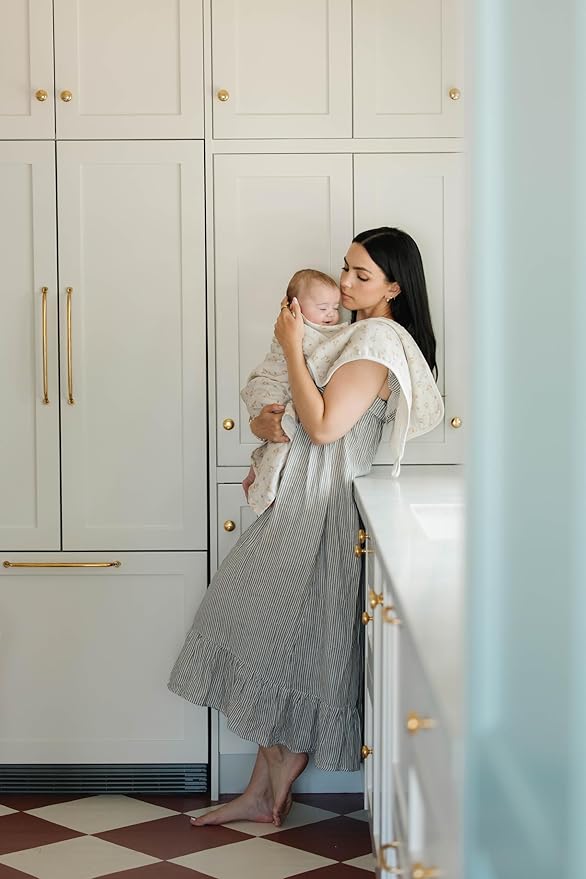 Oilo Burp Cloth 2-Pack Set, Large (12" X 22"), Organic Premium Cotton 4-Way Muslin, Luxuriously Soft, Super Absorbent, & Durable, Machine Washable, Dainty Floral & Sea Moss Sage Green Stripe