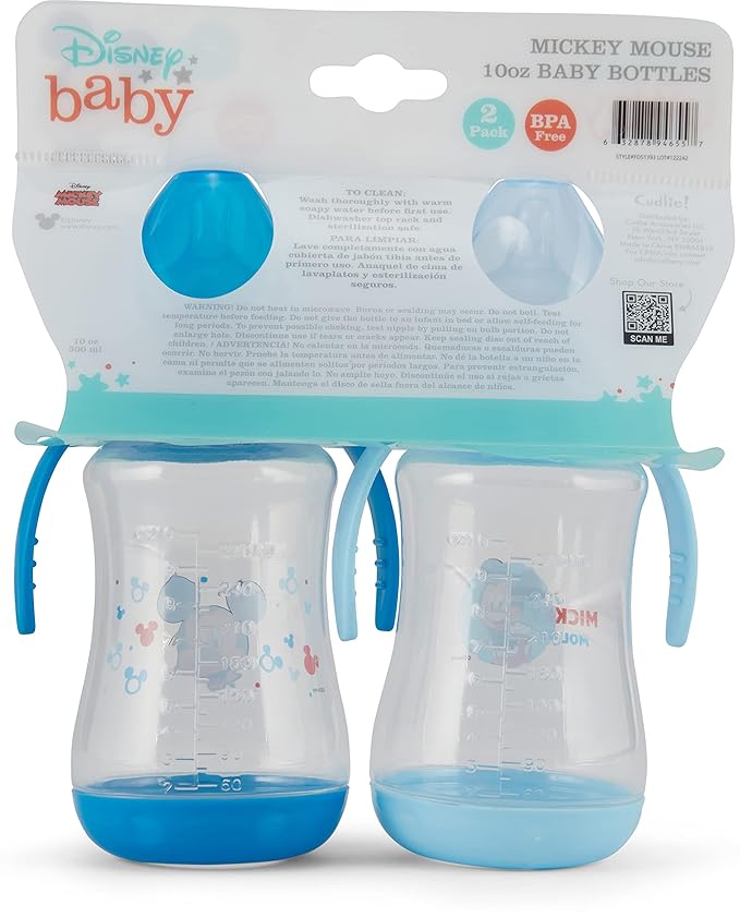 Disney 2 Pack 10 Ounce Baby Bottles with Character Prints and Colored Covers with Double Handle - BPA Free and Easy to Clean
