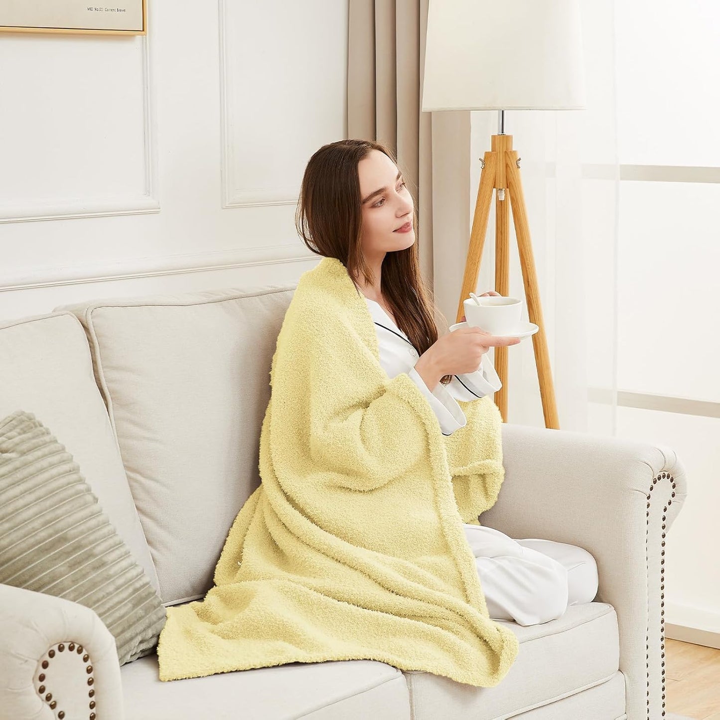 CYMULA Knit Throw Blanket for Couch Yellow - Super Soft Lightweight Plush Fuzzy Fluffy Cozy Blankets and Throws for Sofa Bed, 60 x 80 inches