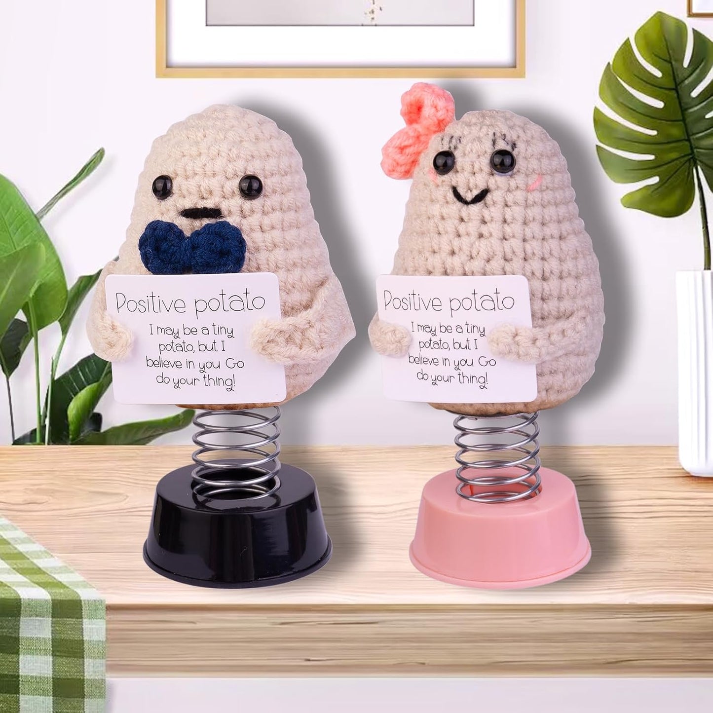 Handmade Emotional Support Crochet Avocado, Funny Shaking Avocado Knitting Doll Car Dashboard Decoration Gift with Base for Car Home Office Desk Decoration(Mr. Potato)