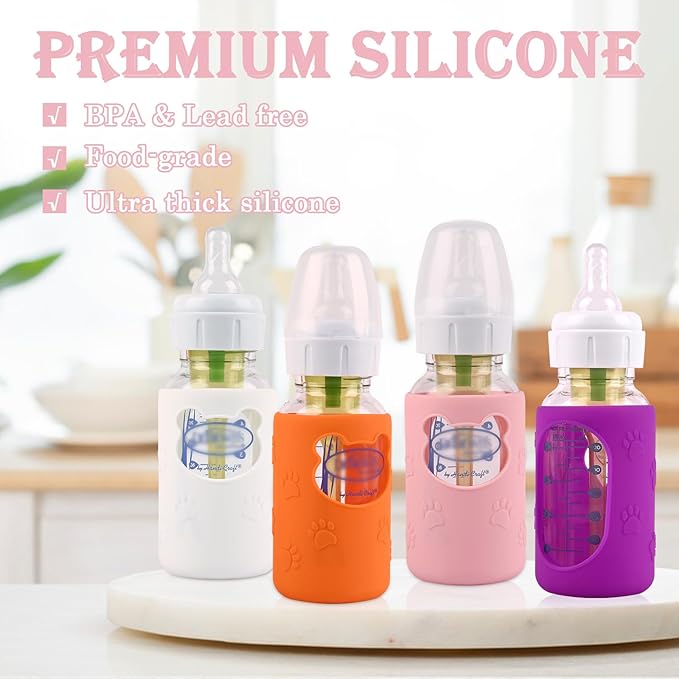 4 Pack Silicone Sleeves for Dr Brown's Glass Baby Bottles, Anti Breakage Baby Bottle Holder, Compatible Dr. Brown's Natural Narrow Glass Baby Bottles 4 oz, BPA Free (White+Pink+Purple+Orange)