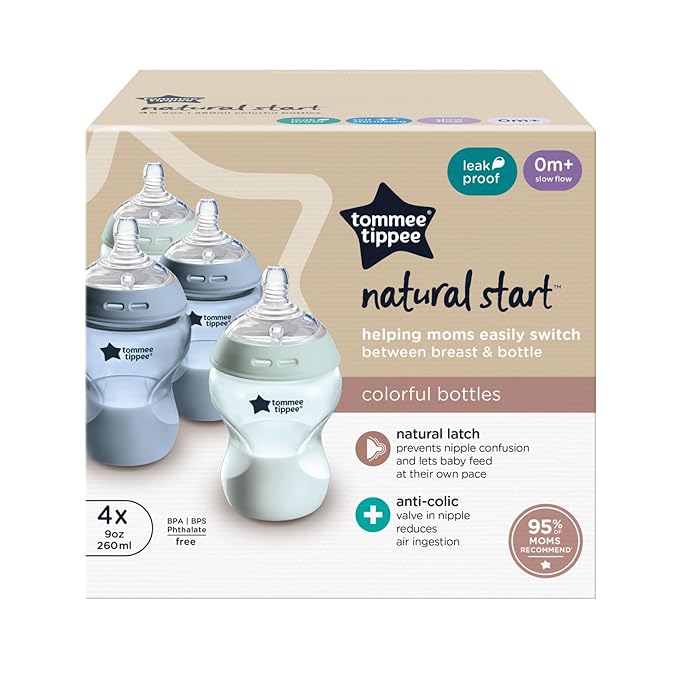Tommee Tippee Natural Start Anti-Colic 9 oz BPA Free Baby Bottles, 0+ Months, Slow Flow Breast-Like Nipple, Self Sterilizing, Seamless Transition Between Bottle & Breast, Blue & Green, Pack of 4