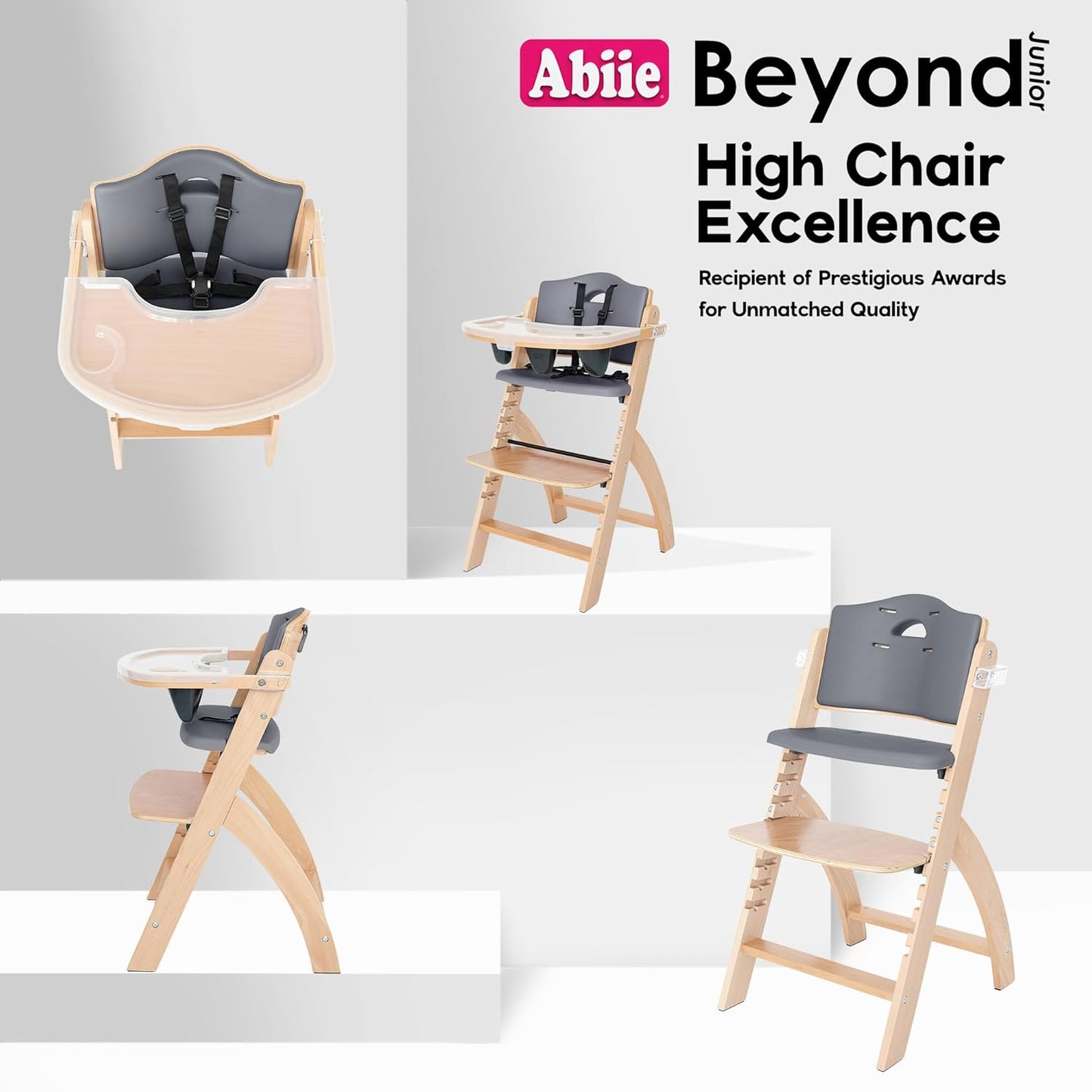 Abiie Beyond Junior Wooden High Chair with Tray - Adjustable and Convertible High Chair for Babies and Toddlers - 6 Months to 250 Lb - Water Resistant - Natural Wood with Dark Grey Cushion