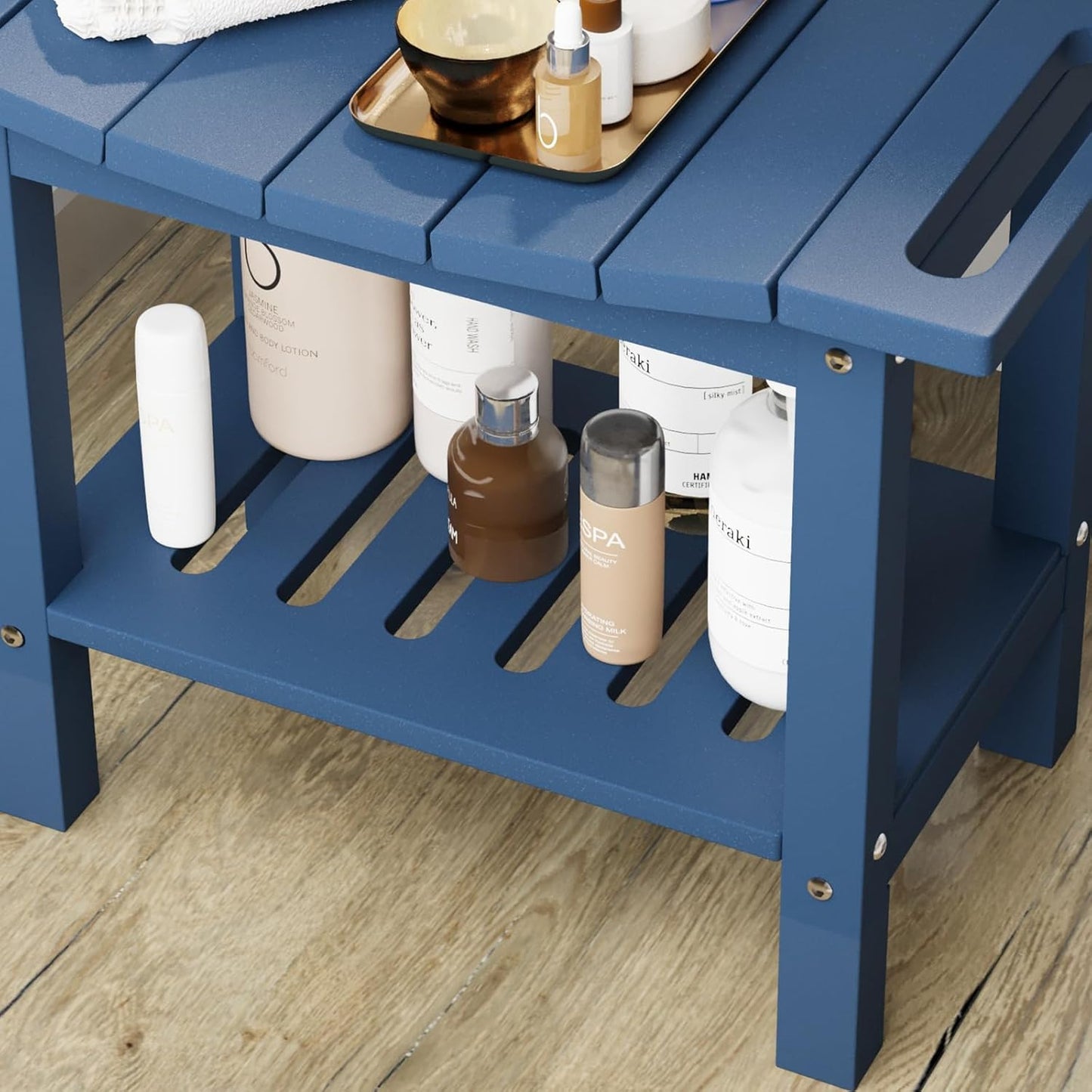 HDPE Shower Bench Stool for Inside Shower, Non-Slip Shower Stool for Shaving Legs with Storage Shelf, Waterproof Shower Chair Spa Bath Seat for Indoor & Outdoor Use (Navy)