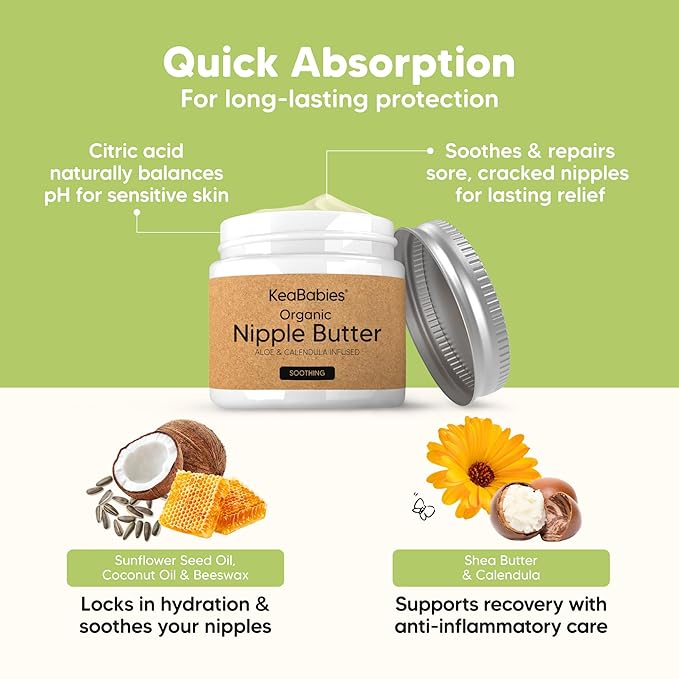 Organic Nipple Butter for Cracked, Sore, Relief - Nursing Nipple Cream Safe for Breastfeeding, 100% Natural Clean Breast Cream, Non Lanolin Balm, Mom Postpartum Breastfeeding Essentials,2oz (Soothing)