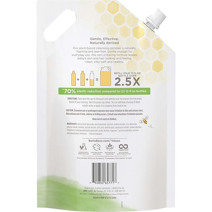 Burts Bees Baby Shampoo and Baby Wash Refill, Original, Plant-Based Formula, Tear-Free, Pediatrician-Tested, Natural Origin, Gently Cleans Sensitive Skin and Hair, 33.8 Fl Oz