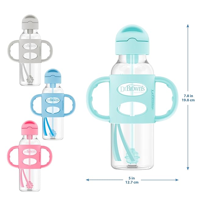 Dr. Brown's Milestones Narrow Sippy Straw Bottle, Spill-Proof with 100% Silicone Handles and Weighted Straw, 8 oz/250 mL, Pink, 6m+