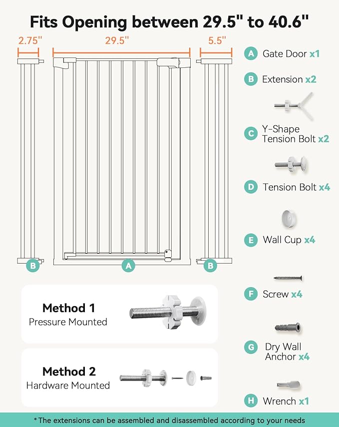 COMOMY 42" Extra Tall Baby Gate for Stairs Doorways, Fits Openings 29.5" to 40.6" Wide, Auto Close Sturdy Safety Dog Gate for House, Pressure Mounted Easy Walk Through Pet Gate with Door, White