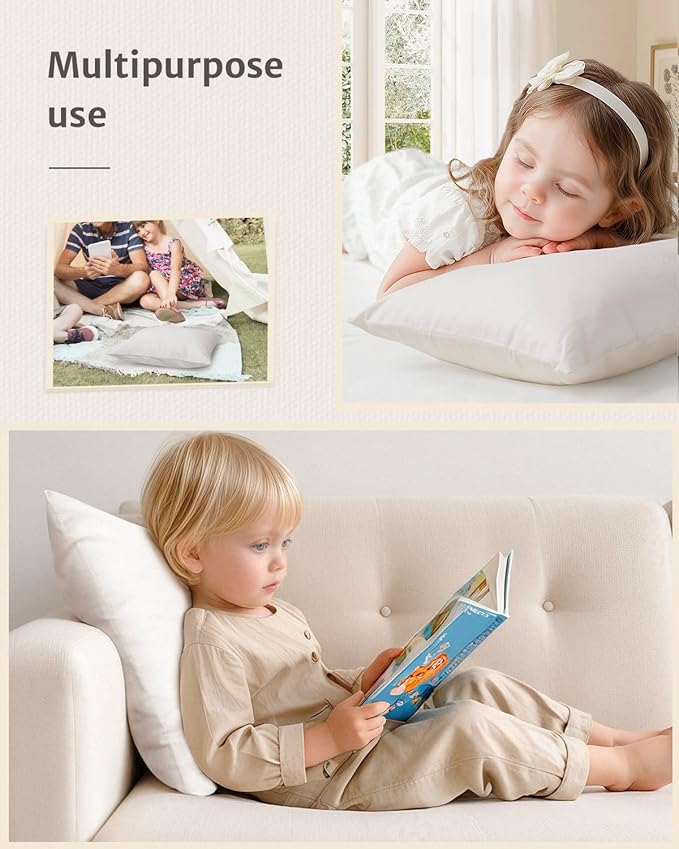 Babebay Toddler Pillow,13X18 Soft Toddler Pillows for Sleeping, Machine Washable Kids Pillow with Cotton Pillowcase, Perfect for Travel (White)
