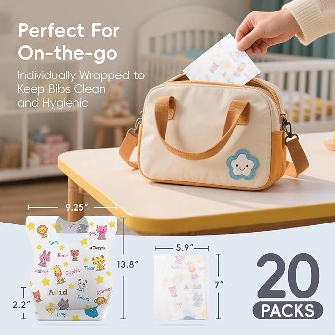 KIIS Disposable Baby Bibs for Baby Boys and Girls - Individually Packaged - Hygienic, Soft and Leakproof (20 PCS / 60 PCS)