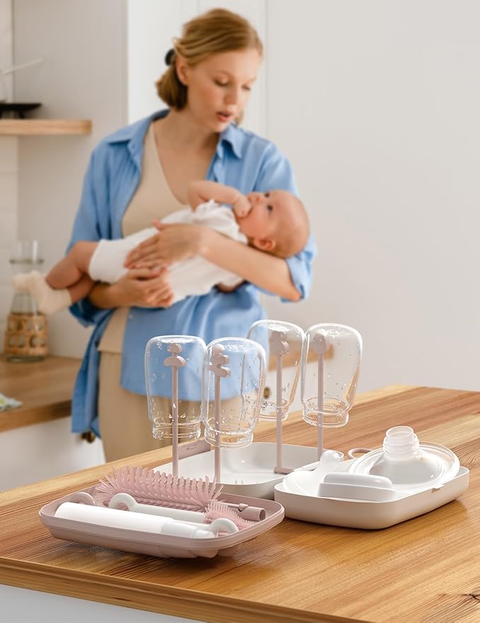 Momcozy Baby Bottle Brush Set, Cleaner Kit with Silicone Nipple Straw Brush, Soap Dispenser, Drying Rack - 7 in 1 Bottle Cleaning Tool for Home and Travel, Pink