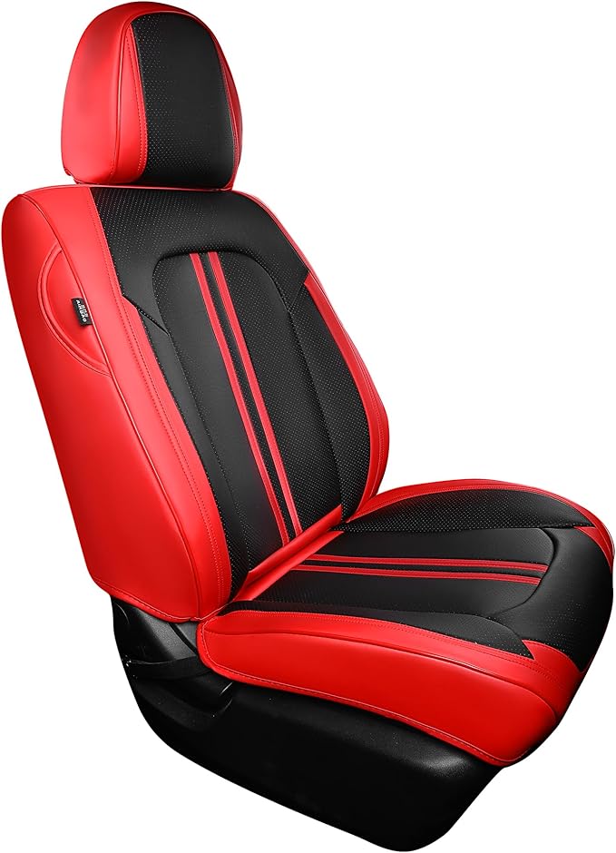 FREESOO Front Seats 2PCS Leather Car Seat Covers, Ultra Breathable Waterproof Seat Covers for Cars Trucks SUV, Carseat Protector Car Seat Cover Fit for Most Vehicles, Black Red