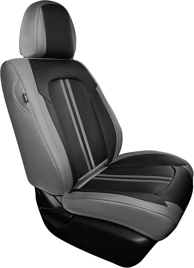 FREESOO Front Seats 2PCS Leather Car Seat Covers, Ultra Breathable Waterproof Seat Covers for Cars Trucks SUV, Carseat Protector Car Seat Cover Fit for Most Vehicles, Black Gray