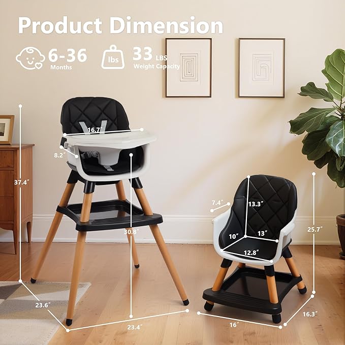 Kinder King 7 in 1 Baby High Chair for Babies and Toddlers with Large Storage Footrest, Booster Seat, Convertible Wooden High Chair with 3-Depth Double Dishwasher Safe Tray, 5 Point Harness, Black