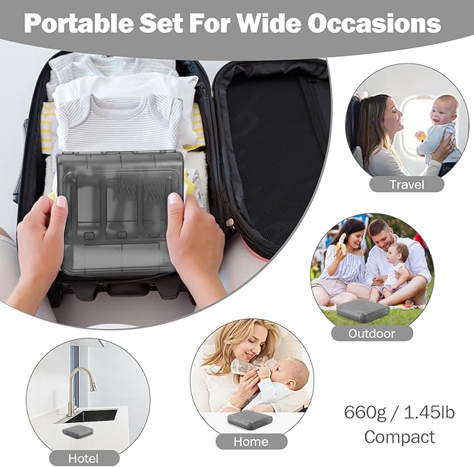 Electric Bottle Brush Cleaner, 9 in 1 Baby Bottle Brush Kit with Nipple Straw Crevice Brushes Drying Rack Extender Soap Dispenser Storage Box, Rechargable Bottle Cleaner Set for Travel & Home (Gray)