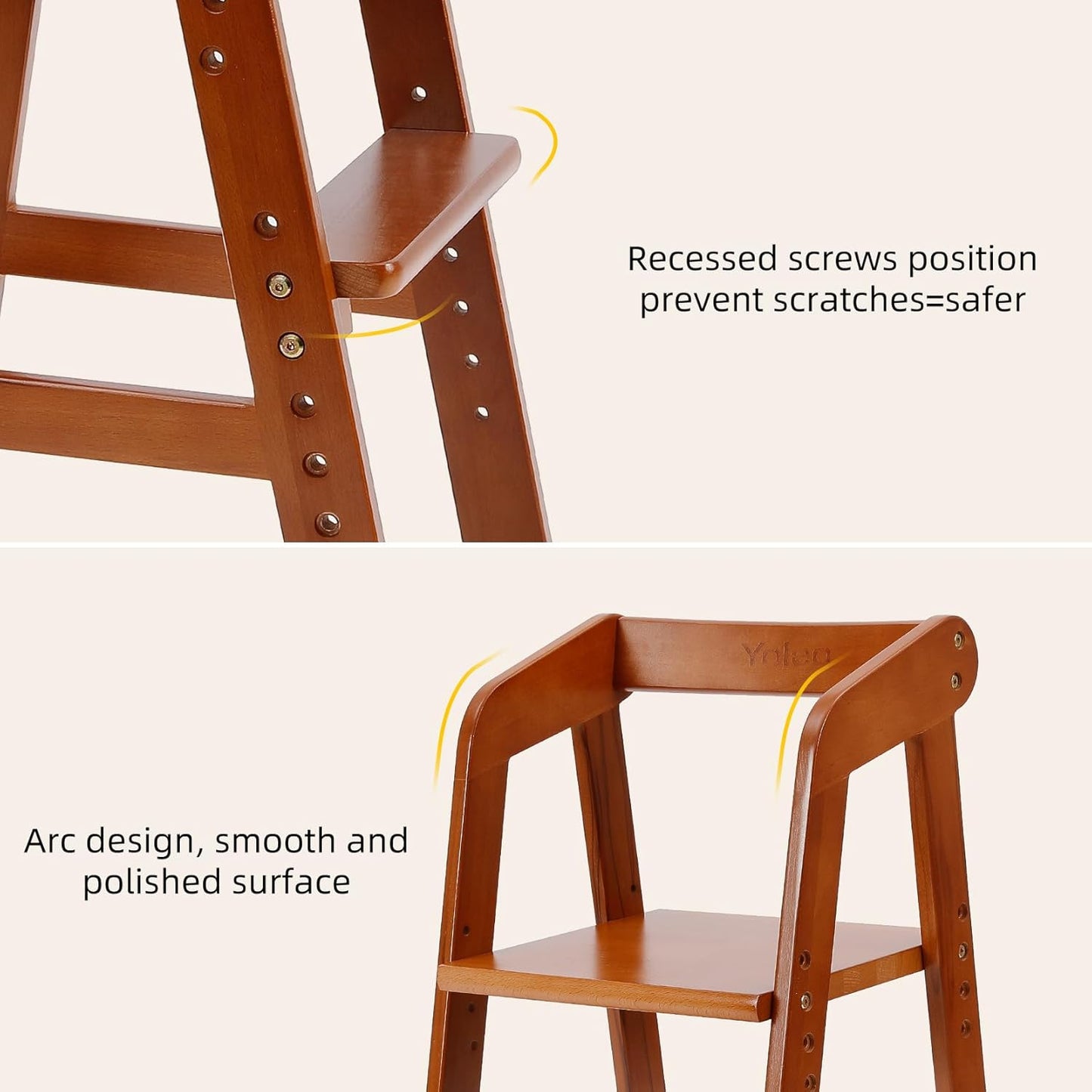 Yoleo Wooden High Chair for Toddlers to Teens, Adjustable Dining Feeding Chair with Steps Grows with Child, Max 60kg (Nut-Brown)