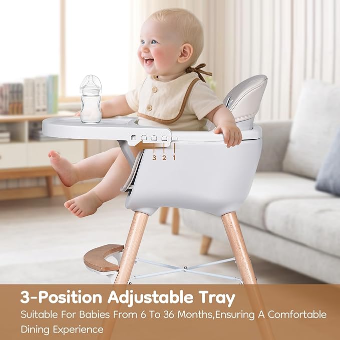 High Chairs for Babies and Toddlers,3 in 1 Convertible Wooden highchair, Baby High Chair with Adjustable Legs,5 Point Harness, Footrest, Dishwasher-Safe Tray & PU Leather Cushion, Beige