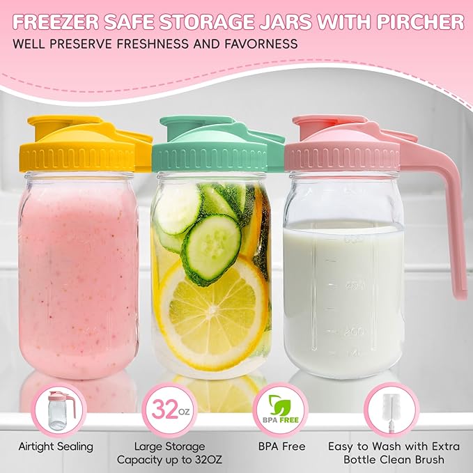 2 PACK Breast Milk Pitcher 32OZ Glass Breastmilk Pitcher with Lids Leak-proof Wide-mouth Mason Jar for Breastmilk, Resistant to Heat or Cold, Freezer-safe(Pink)