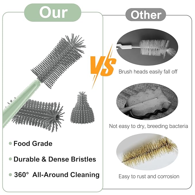 6 in 1 Bottle Cleaner Brush Set with Travel Bottle Drying Racks,360° Cleaning Baby Bottle Brush,Nipple Brush,Straw Cleaner Brush,Soap Dispenser & Organizer Case,Baby Essentials for Home&Travel(Green)