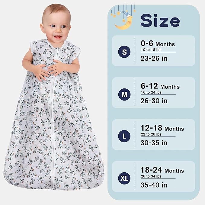 2 Pack Baby Sleep Sack 12-18 Months 100% Organic Cotton Muslin Baby Sleeping Bag 2-Way Zipper Wearable Blankets (Rainbow & Leaf, Large)