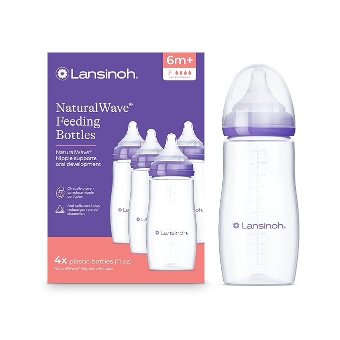 Lansinoh Anti-Colic Baby Bottles for Breastfeeding Babies, 11 Ounces, 4 Count, with 4 Fast Flow Nipples, Size F