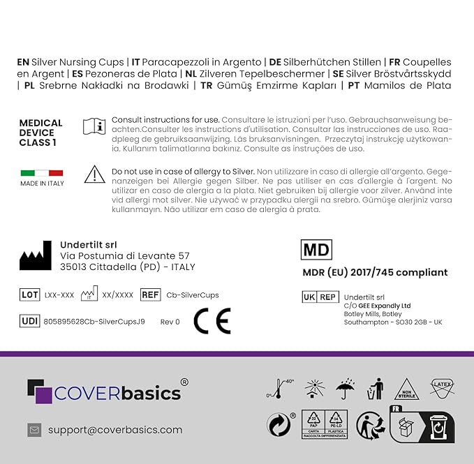 Original Italian Silver Nursing Cups - Nipple Shields for Breastfeeding - Helps Soothe and Protect Sore Nipples - Dermatologically Tested - Medical Device FDA-Registered (Small)