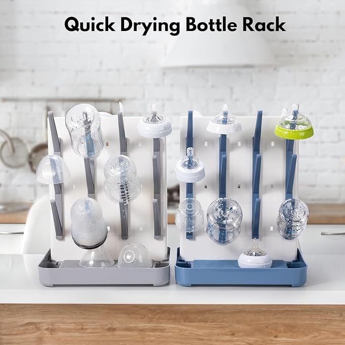 Space Saving Vertical Bottle Drying Rack, Large Countertop Baby Bottle Drying Rack Holder for Baby Bottles and Pump Parts, Gray
