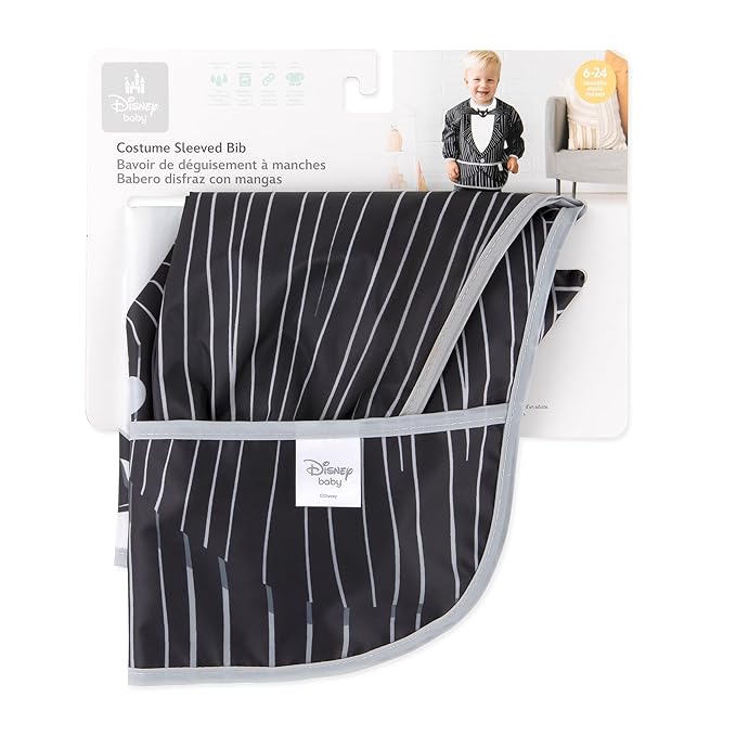 Bumkins Disney Sleeved Bib for Girl or Boy, Baby and Toddler for 6-24 Mos, Essential Must Have for Eating, Feeding, Baby Led Weaning Supplies, Long Sleeve Mess Saving Food Catcher, Jack Skellington