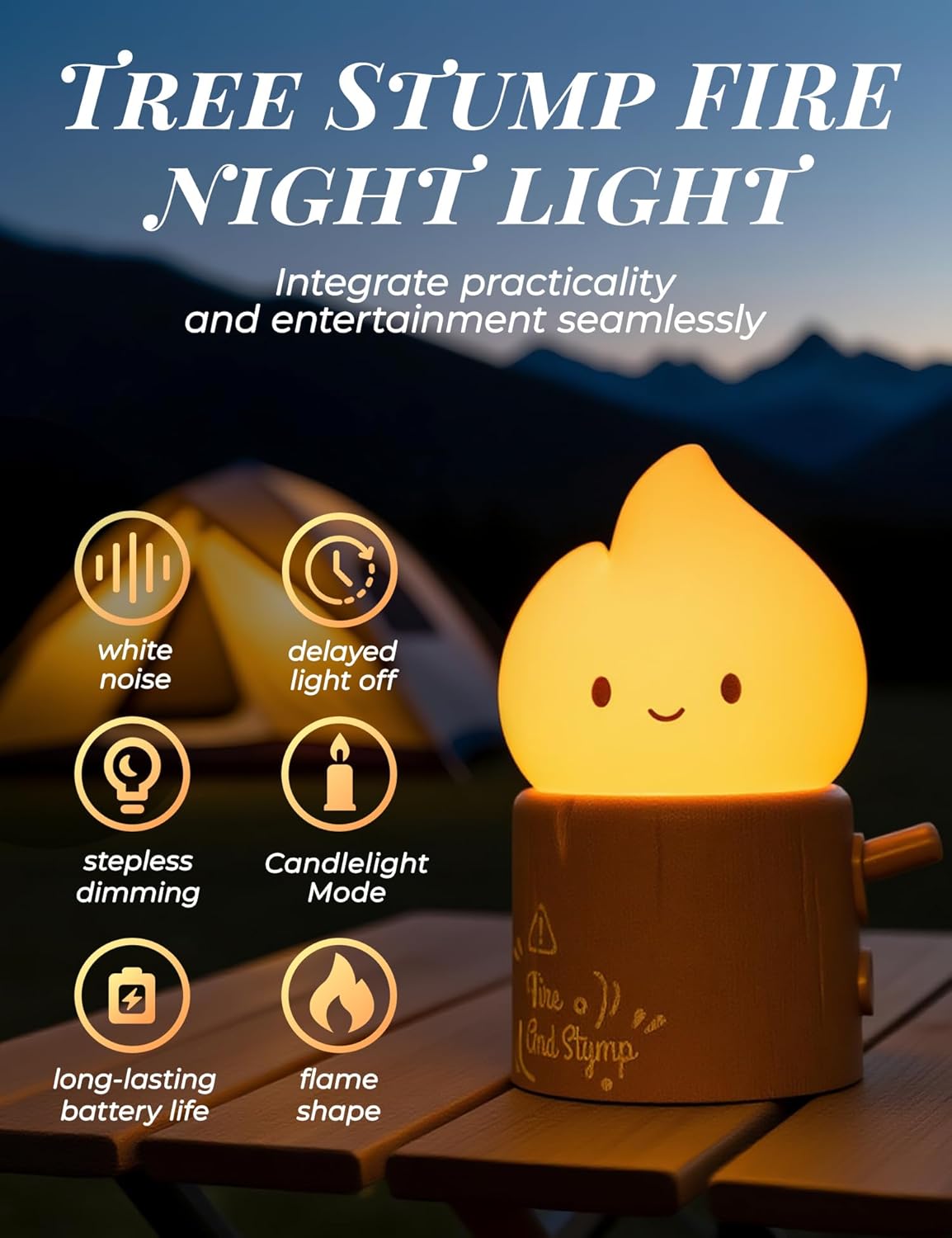 Torch Night Light with Sound Machine for Baby, 2 Modes Candlelight & Night Lamp, Sleep Aid White Noise Soother, Dimmable Warm Night Light for Baby Nursery, Toddler Kids Bedroom