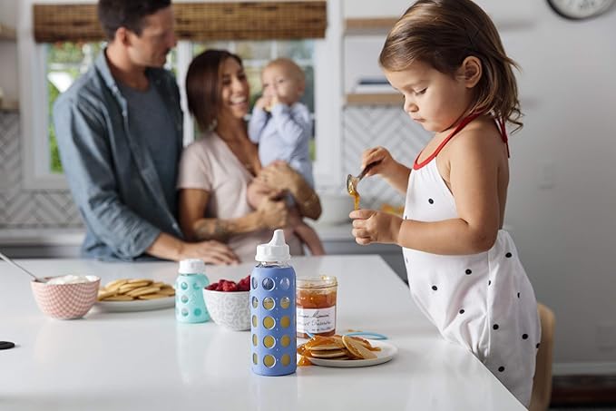 Lifefactory Baby Bottle Starter Set 10-Piece | 4 oz Mint & Blanket, 9 oz Kale & Blueberry | Includes Flat Caps, Sippy Caps, Stage 2 Nipples