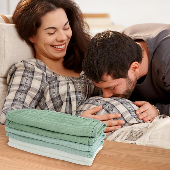 Baby Burp Cloth 100% Cotton Newborn Cotton Muslin Burp Cloth 10x20 inches (White & Green 6 Pieces)