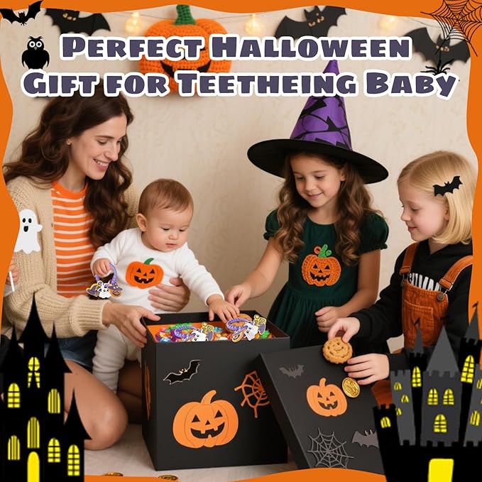 Halloween Baby Teething Bracelet with 3pcs Teether-Soft Pumpkin, Ghost&Witch Hat Textured Silicone Teether for 0-12months, Baby Sensory Chew Teething,Sensory Chew Bracelet for Baby’s First Halloween