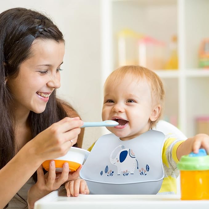 Zhanmai 3 Pack Silicone Bibs for Babies with Spoon Fork Adjustable Waterproof Rubber Feeding Bibs for Toddlers Boys Girls Kids Gifts(Vivid Style)