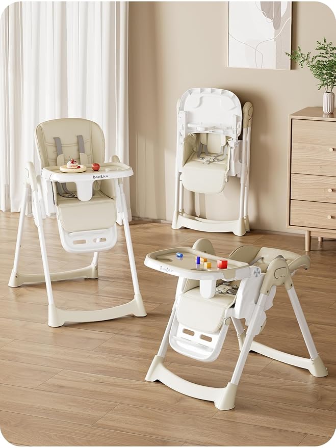 High Chair, Foldable High Chairs for Babies and Toddlers with Removable Tray, Height Adjustable Feeding Chair, Adjustable Backrest and Footrest, Beige