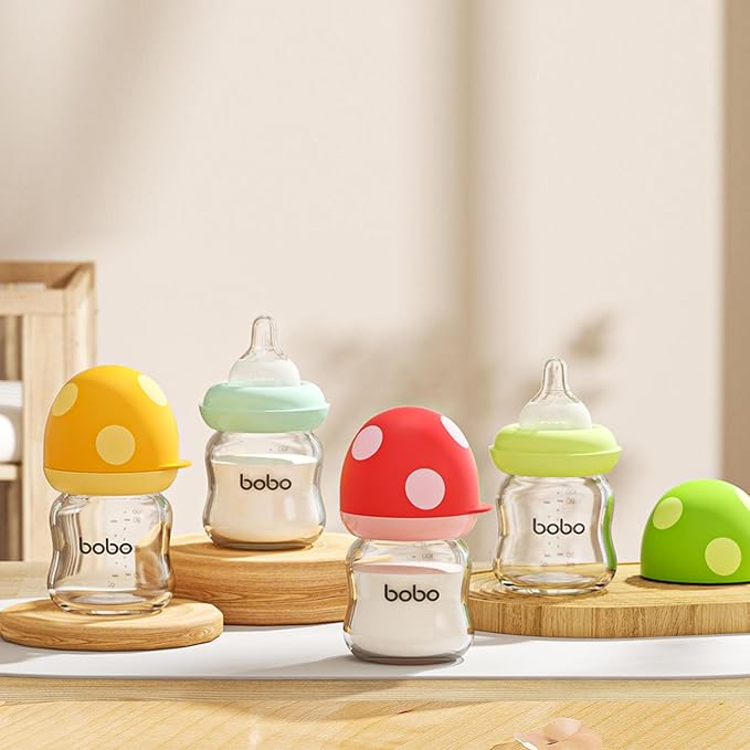 YOHKOH Natural Glass Baby Bottle with Natural Response Nipple, Newborn Anti-Colic Baby Bottles, Wide Neck Mushroom Cap Baby Bottle, Clear (Multicolour-A, 3.4oz (Pack of 4))