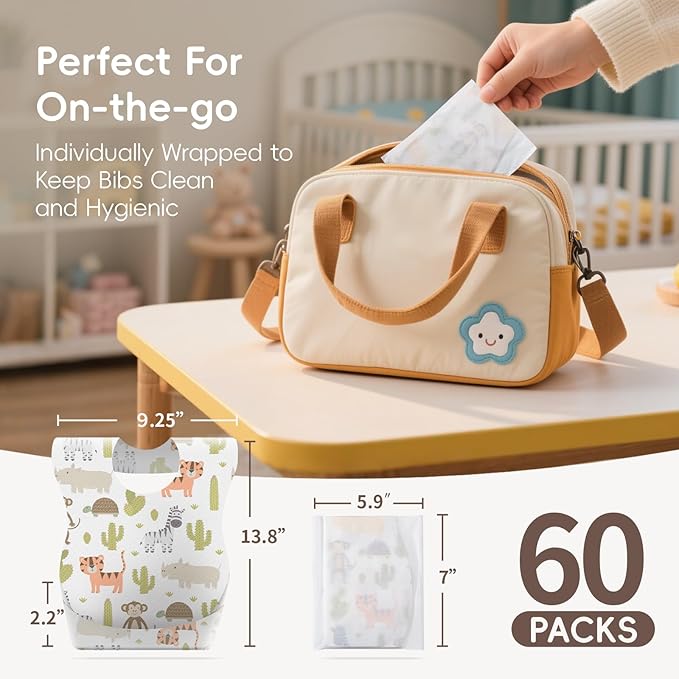 KIIS Disposable Baby Bibs for Baby Boys and Girls - Individually Packaged - Hygienic, Soft and Leakproof (20 PCS / 60 PCS)