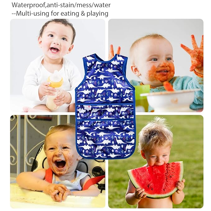 Joyo roy Mess Proof Baby Bibs for Eating Waterproof Toddler Bibs for Boys 2-4 Years Soft Machine Washable Sleeveless Baby Smock Bib Travel Reusable Led Weaning Apron for Feeding Bib with Food Catcher