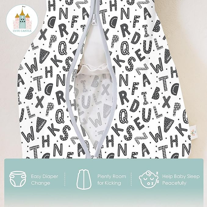 Cute Castle Baby Sleep Sack 6-12 Months - Lightweight 100% Cotton 2-Way Zipper TOG 0.5 Infant Wearable Blanket, Newborn Essentials Toddler Sleep Clothes, 3 Pack(Gray, Letters, Stars)