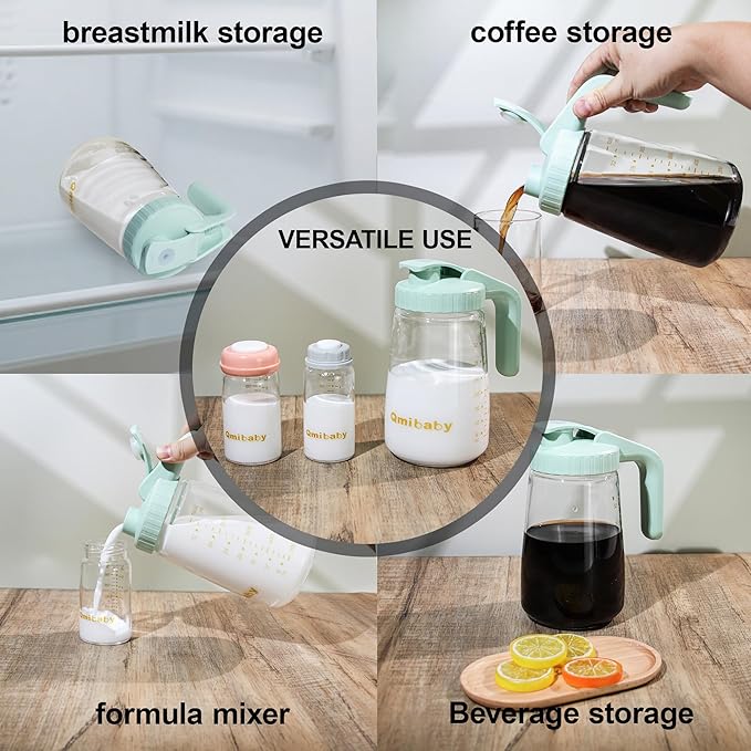 34oz Breast Milk Pitcher, Breast Milk Storage Containers for Fridge, Breastfeeding Essentials with Sealing Ring, No Leak Glass Pitcher with Handle and Lid for Ice Tea Juice Green