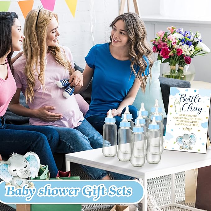TrelaCo Blue Elephant Cool Baby Shower Games Bottle Chug Sign Wooden Elephant Theme Gift Sets Gender Reveal Party Favors and 12 Pcs Baby Bottle Shower Favor for Games Gender Reveal
