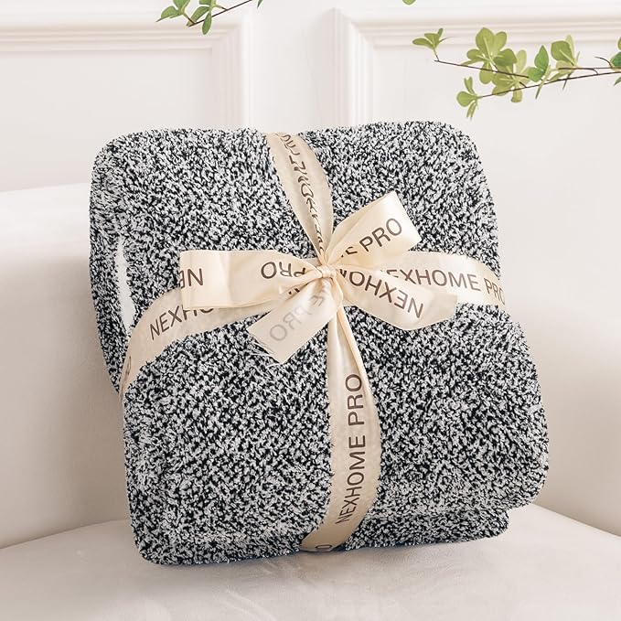 NEXHOME PRO Twin Size Soft Throw Blankets for Couch, Cozy Blankets Reversible Warm Knit Blanket for Women, Fuzzy Plush Lightweight Throws for Sofa, Bed, Picnic, Black 60 x 80 inches