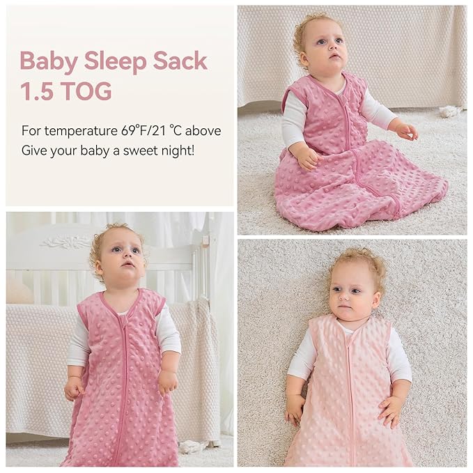 Fleece Baby Sleep Sack 6-12 Months with Plush Dots 1.5 Tog Baby Wearable Blanket with 2-Way Zipper Warm Sleeping Sack for Toddler Infant Newborn - Medium, Pink