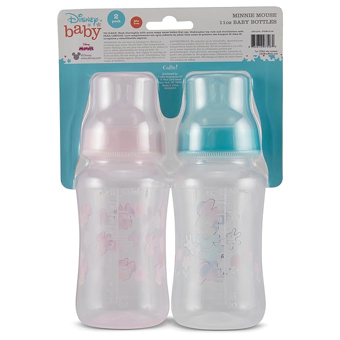 Disney Minnie Mouse Baby Bottles 11 oz for Boys or Girls | 2 Pack of Infant Hourglass Shaped Bottles with Cover for Newborns and All Babies | BPA-Free Plastic Baby Bottle for Baby Shower
