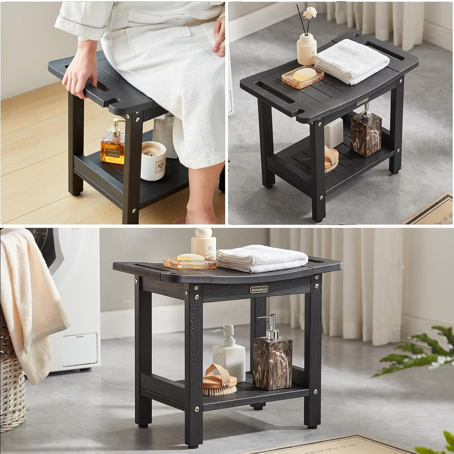 Shower Bench Seat for Shaving Legs, Waterproof Shower Stool for Inside Shower with Handles & Shower Head Holder, Bathroom Shower Chair, Black Shower Foot Rest with Adjustable Feet, Non-Slip