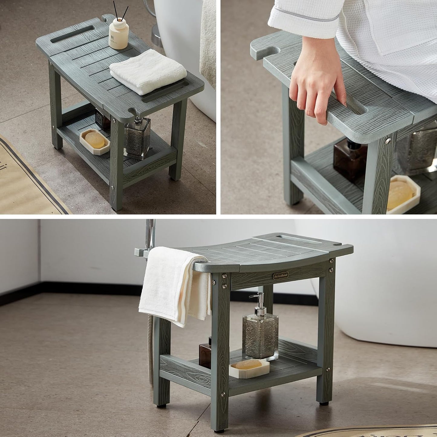 HDPS Shower Bench for Inside Shower, Gray Waterproof Shower Stool for Shaving Legs, Poly Lumber Shower Chair Seat with Handles & Shower Head Holder, Bathroom Shower Foot Rest Stool with Storage Shelf