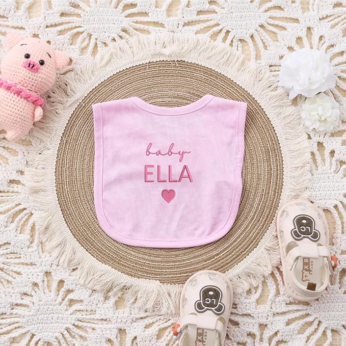 COUPLEHOODIES Custom Baby Name Embroidered Bib – Cotton Feeding Bib with Heart Stitch Design, Gift for Newborn or Baby Shower