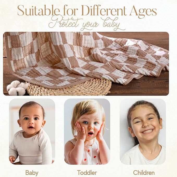 Ultra Soft Muslin Baby Blanket,A Versatile Swaddle and Bed Blanket for Babies, Toddlers, Boys, and Girls (1 Coffee Checkered 1 Pack).
