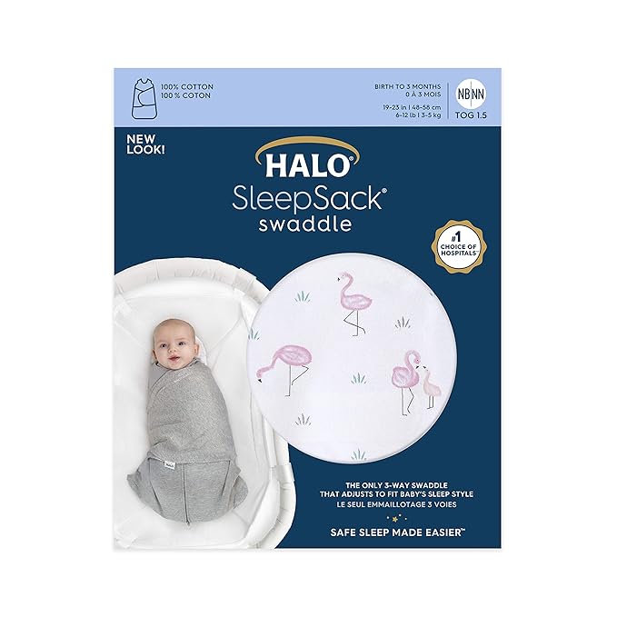 HALO 100% Cotton Sleepsack Swaddle, 3-Way Adjustable Wearable Blanket, TOG 1.5, Flamingos, Small, 3-6 Months